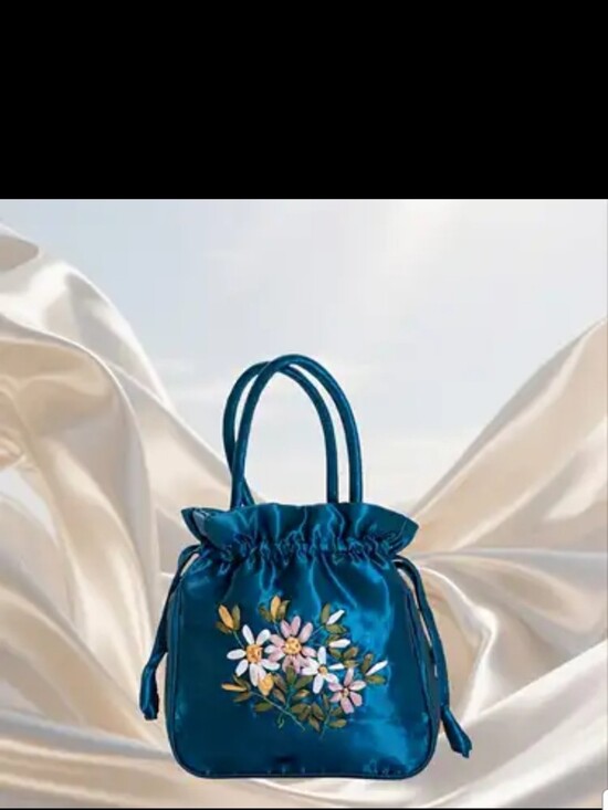 Handbags - Floral Embroidered Blue Drawstring Bag